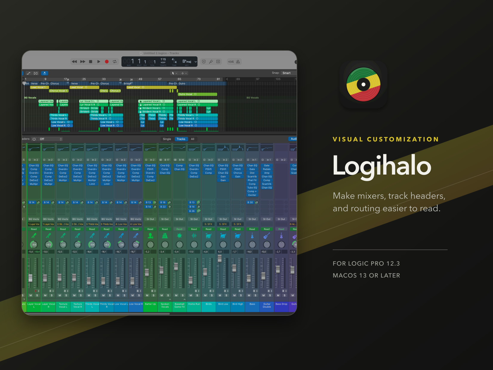 Logihalo preview showing colorized Logic Pro channel strips